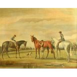 Richard John Munro Dupont (1920-1977), Horses and jockeys in a paddock, oil on canvas, signed,