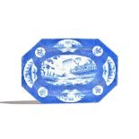 A large Bow octagonal blue and white dish, circa 1765,
