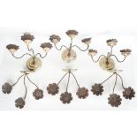 A set of six, three branch metal and giltwood wall sconces,
