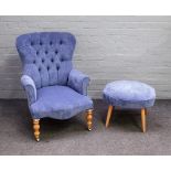 A Victorian style button back easy armchair with serpentine seat on turned supports,