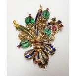 A gold, diamond, ruby, emerald, gem set and enamelled brooch,