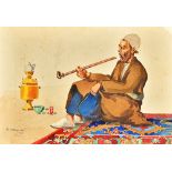 Misha Chahbazian (Shahbazian 1904-1976), An Iranian man seated on a carpet and smoking, watercolour,