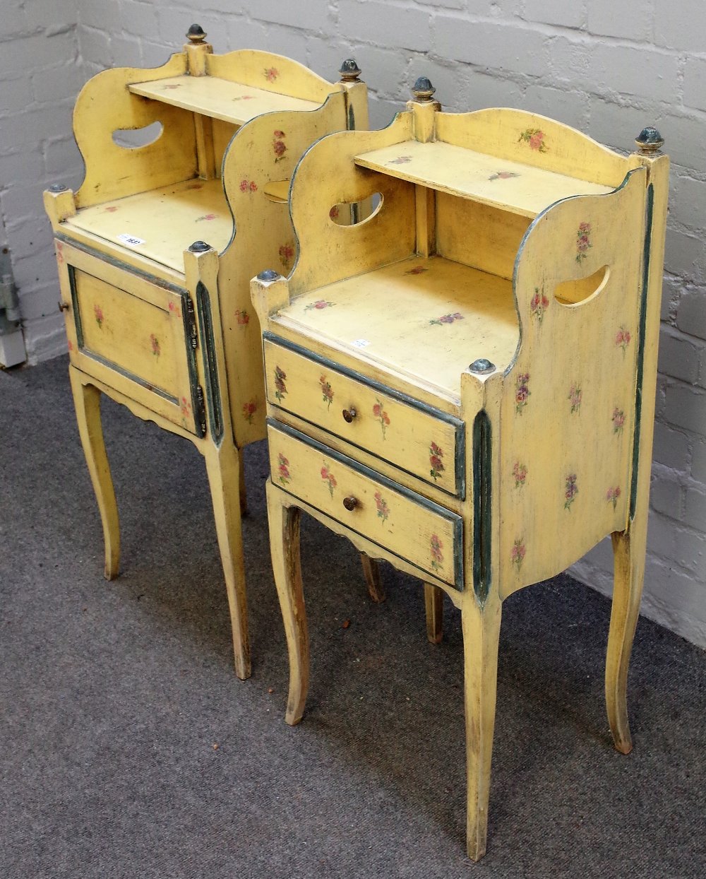 Dujardin-Lammens Bruxelles; a pair of early 20th century polychrome painted bedside tables, - Image 2 of 3
