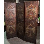 An early 20th century embossed leather three fold screen, 184cm high.