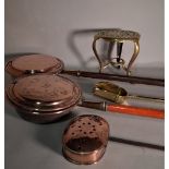 Metalware collectables, including; two 19th century copper warming pans, a chestnut roaster,