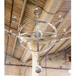 A 20th century steel armillery sphere eight branch chandelier, 97cm wide x 70cm high.