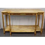 An 18th century and later polychrome painted parcel gilt breakfront console,