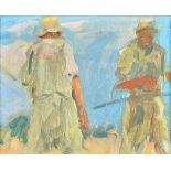 Attributed to Harry Becker (1865-1928), Field workers in midsummer, oil on canvas board, 21cm x 25.