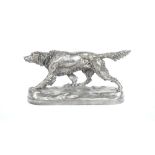 After Moigniez, a French silvered metal red setter on a naturalistic shaped base, 44cm wide.