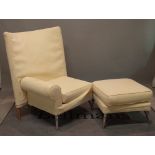A 20th century hardwood framed high back corner armchair with cream suede upholstery,