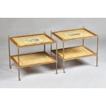 A pair of mid-20th century lacquered brass rectangular two tier étagères on turned supports,