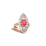 A gold and silver set, diamond and synthetic ruby, marquise shaped cluster ring,