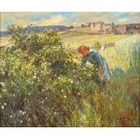 Fred Stead (1863-1940), A girl gathering flowers in a landscape, oil on canvas, signed, 50cm x 60cm.