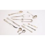 Silver and silver mounted flatware, comprising; a George IV caddy spoon, the bowl of scalloped form,