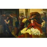 Manner of Reginald Brill, Busy market scene, oil on canvas, 90cm x 144cm. Illustrated.