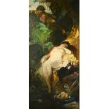 Follower of Leon Commere, Salacious fauns watching a sleeping nymph, oil on canvas, 198cm x 93cm.