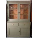 A 20th century grey painted kitchen dresser with two door glazed top over two door cupboard base,