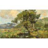 Bertram Priestman (1868-1951), Cattle grazing in the river valley, a milkmaid on the way home,