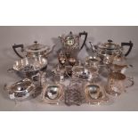 Silver plated wares, including; tea pots, coffee pots, jugs, pepperettes and sundry, (qty).