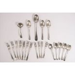 Silver Old English pattern table flatware, comprising; seven table forks, four dessert forks,