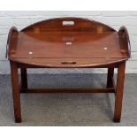 An 18th century style mahogany drop flap butler's tray on stand, 75cm wide x 58cm high.