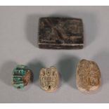 Four Egyptian carvings comprising; three scarabs and a small rectangular tablet, 2.5cm, (4).