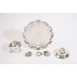 Silver and silver mounted wares; comprising; a circular tray having a pie-crust border,