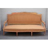 A Louis XVI style gilt framed three piece salon suite to comprise; a sofa,