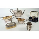 A plated three piece tea set, comprising; a teapot,