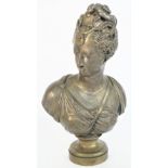 A silver plated bronze bust, early 20th century, possibly 'Diana', raised on a turned socle,
