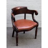 A 19th century French stained beech tub back office chair, with serpentine seat on reeded supports,