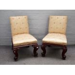 A pair of Victorian George II style square back side chairs, on heavy scroll supports,