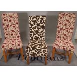 A set of eight 20th century framed highback dining chairs with red foliate upholstery,