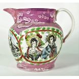 A Sunderland lustreware jug, early 19th century, pink lustre ground detailed with moral verse,