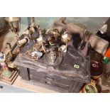 Collectables, including a pine butcher's block, brass lamps, boxes and sundry.