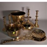 Brassware, including; candlesticks, milk skimmers, kettle, cooking pot and sundry, (qty).