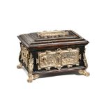 A French silver plated mounted, ebonised, fruitwood cigar box with twin compartment interior,