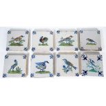 Eight Dutch Delft polychrome tiles, 19th/20 century, each painted with a bird, 13.5 cm. square, (8).