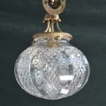 Three Victorian style brass and glass ceiling lights of spherical form with hob nail cut decoration,