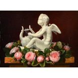 Attributed to Johan-Laurentz Jensen (1800-1856), A statue of Cupid in a garland of pink roses,