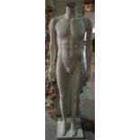 A modern white shop mannequin formed as a male, 171cm high.
