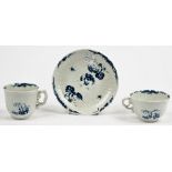 A Worcester blue and white coffee cup, teacup and saucer, circa 1756,