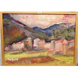 Jose van Gucht (1913-1980), Hillside village, oil on canvas, signed, 48cm x 68cm.