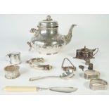 Silver and silver mounted wares, comprising; two mustard pots, a decanter label detailed Sherry,