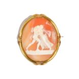 A Victorian gold mounted oval shell cameo brooch, carved as two classical figures,