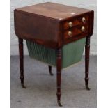 A George III cross banded mahogany drop flap work table, with pair of frieze drawers, over wool box,