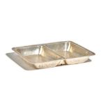 A Lebolt Hand Made Sterling rectangular twin compartment serving dish, decorated with raised rims,