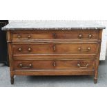 A 19th century French commode, the marble top over three long graduated drawers, on turned supports,