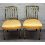 A pair of George III later parcel gilt and green decorated side chairs, with bow seat,