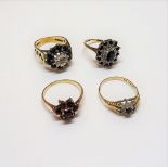 A 9ct gold, sapphire and diamond set cluster ring, decorated with pierced shoulders, a 9ct gold,